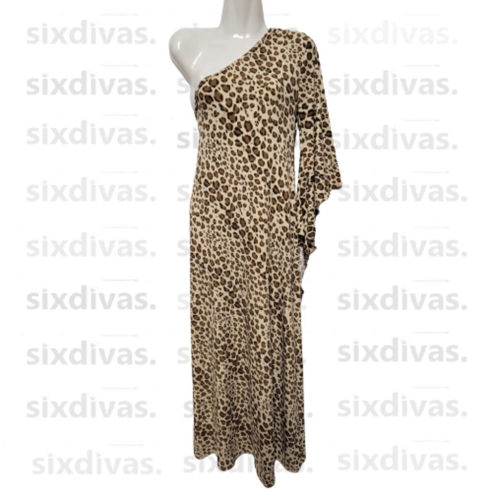 BROWN Animal Print Maxi One Shoulder Figure Hugging Long Dress   Size S/M